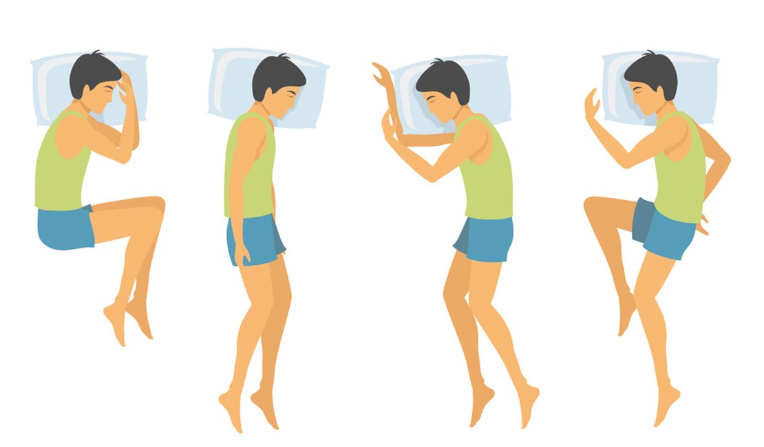 Side sleeping positions. From left to right: Foetus position, the Log position, the Yearner position, and modified yearner position. Man sleeping in different positions wearing blue and green pyjamas.