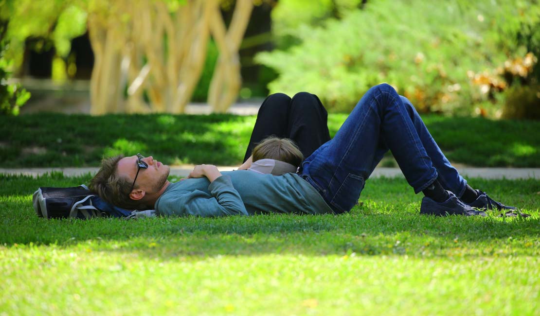 A couple laying on the grass, sleeping. The woman is resting her head on the man's stomach.