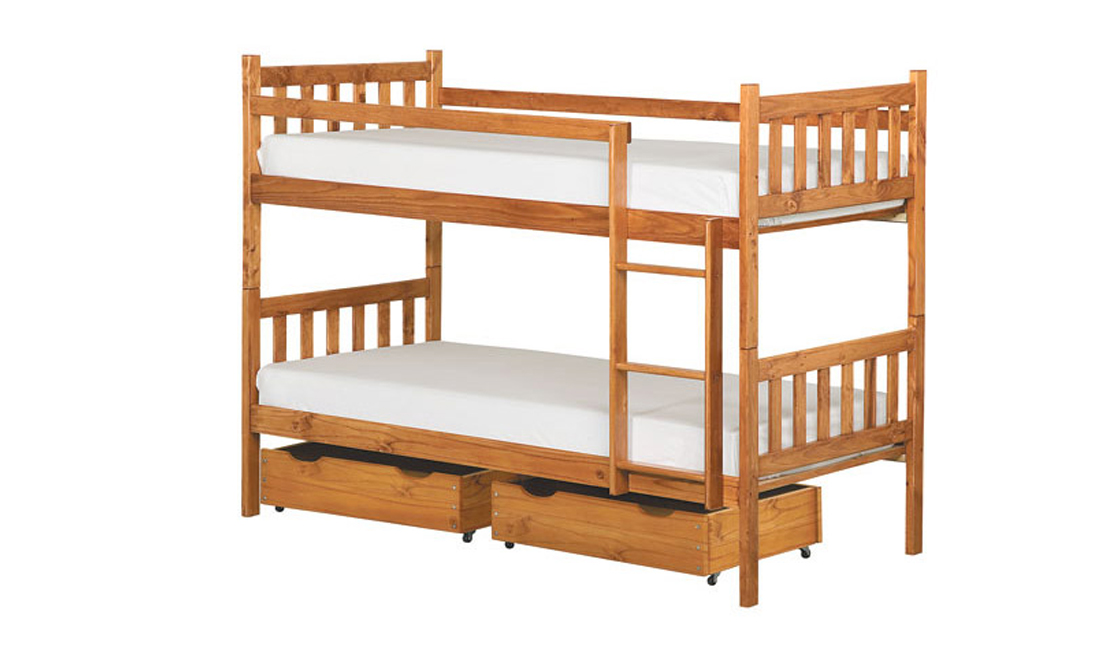 Pine bunk beds with ladder and drawers underneath bottom bunk. 