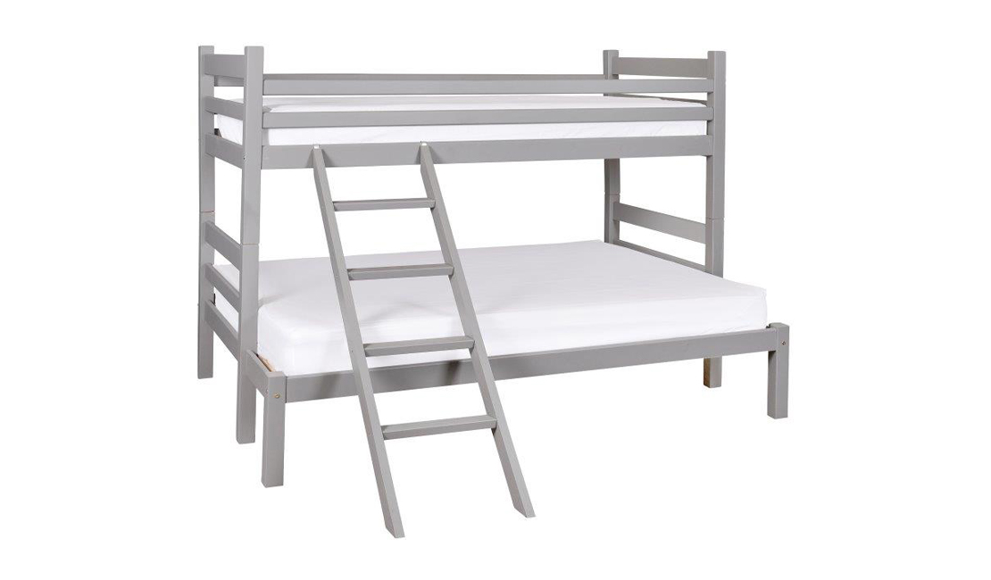 Triple bunk bed in light grey wood.