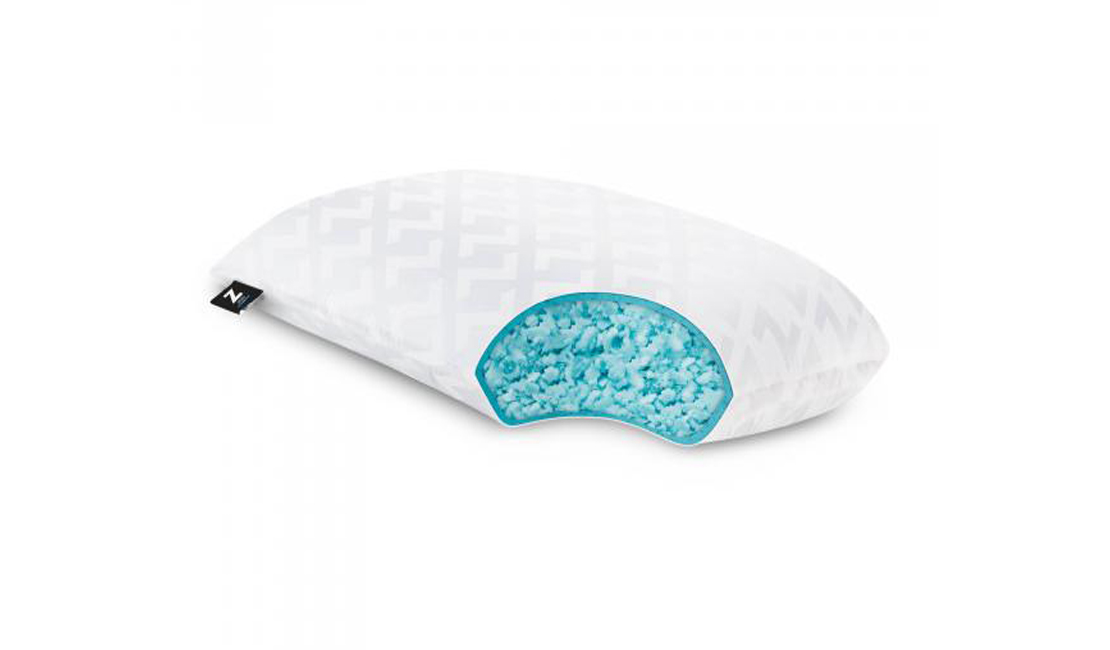 The Malouf Z Shredded Dough Pillow has a white exterior and blue shredded foam on the inside.