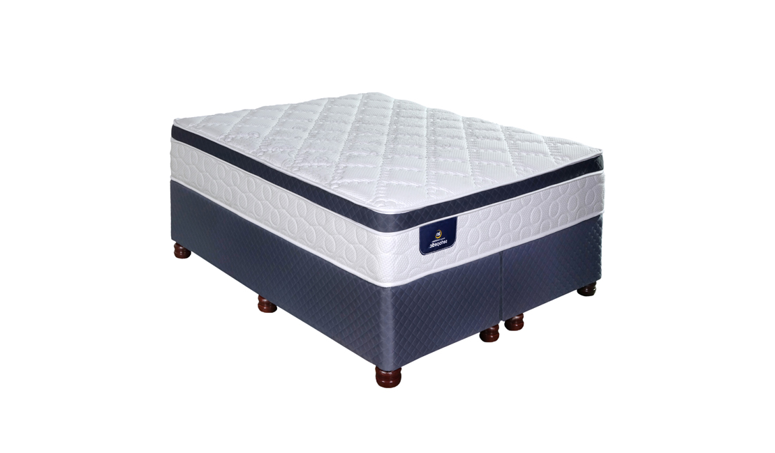 Beautiful blue king size bed base with a white pillowtop mattress, finished with a blue rim around the top edge.