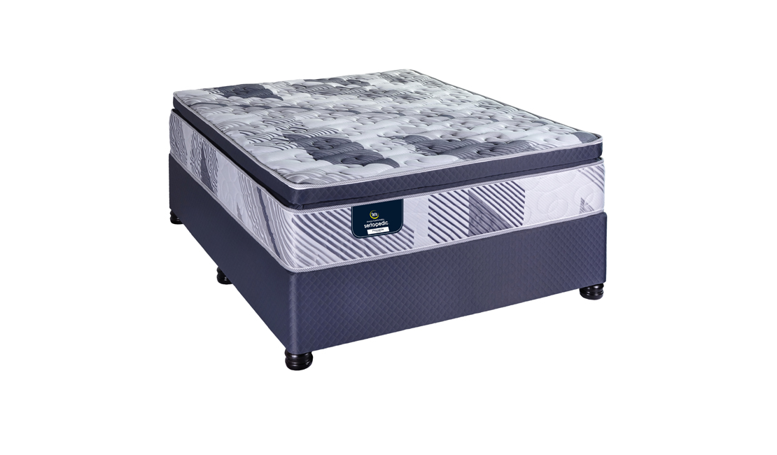 The Serta Pinnacle combines classic elegance with modern design. Classic blue base with a funky, blue-striped mattress.