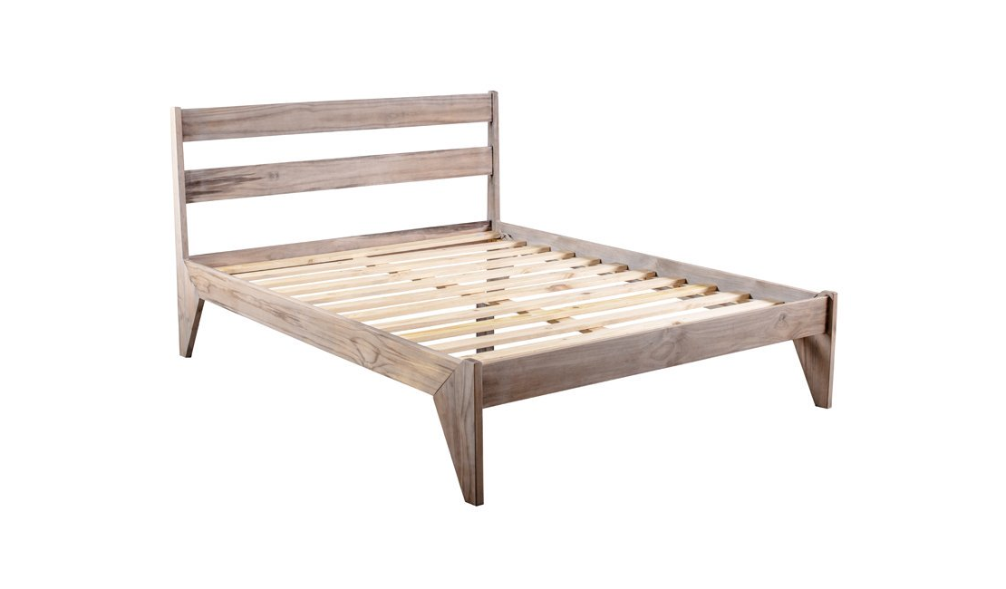 The Kooi Zina Teak bed frame has a built in headboard and slats for a foundation.