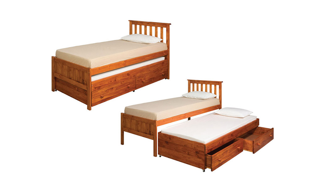 Wooden bed base with storage units built in.