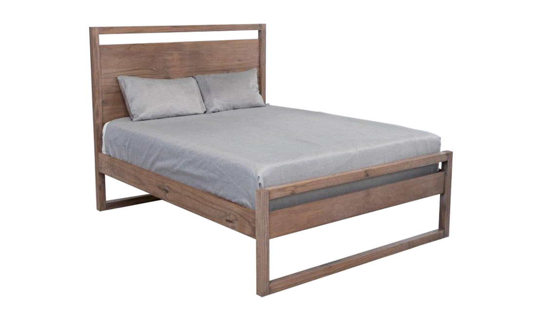 Stylish wooden bed frame with dark wood and straight lines.
