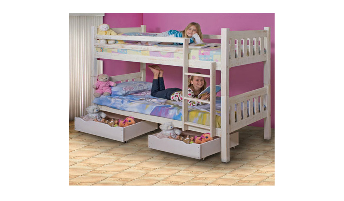 White wooden bunk bed against a pink wall with a girl on each bed. 