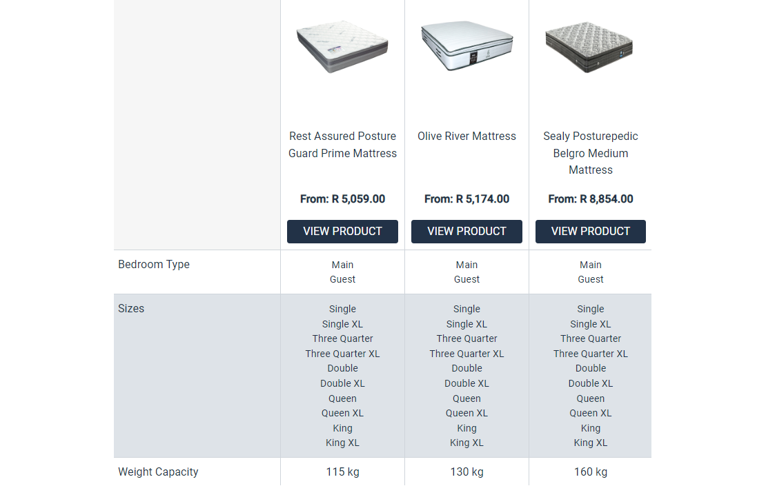 Price comparison tool from The Mattress Warehouse - the best place to buy a bed.